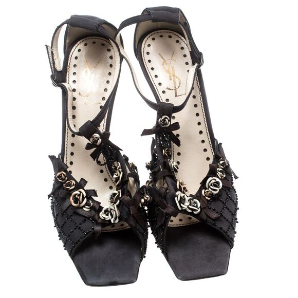 Saint Laurent Black Canvas Fabric Embellished Floral T-Strap Open Toe Sandals - Picture 3 of 4